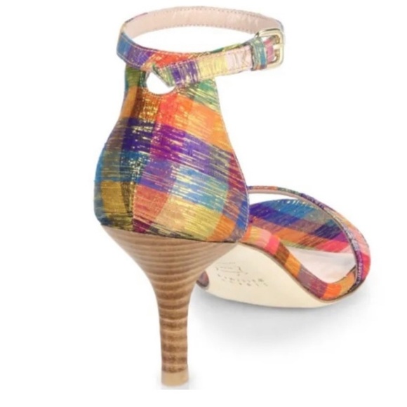 STUART WEITZMAN Metallic Rainbow Plaid Leather Ankle Strap Nunaked Sandals Heel - Picture 9 of 11